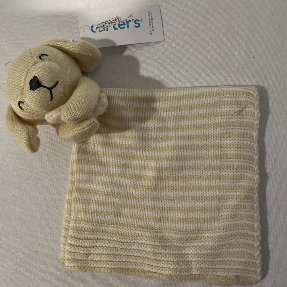NEW Carters Knit Puppy Dog Security Blanket White &‎ Yellow Striped Baby Lovey - Picture 2 of 5